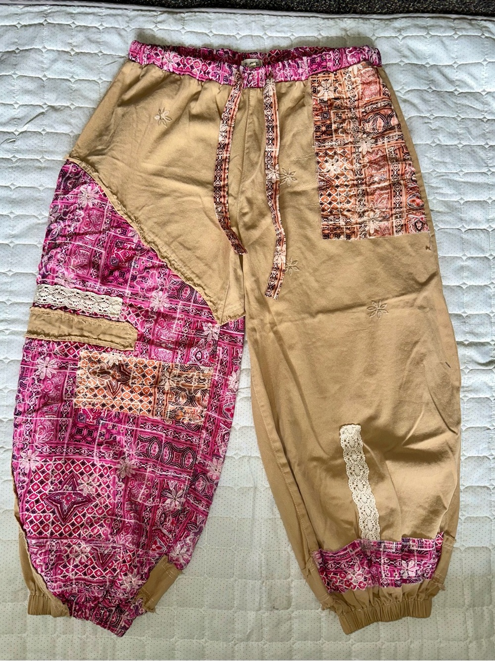 POL patchwork boho jogger pants pink tan lace harem pants Size L NWOT